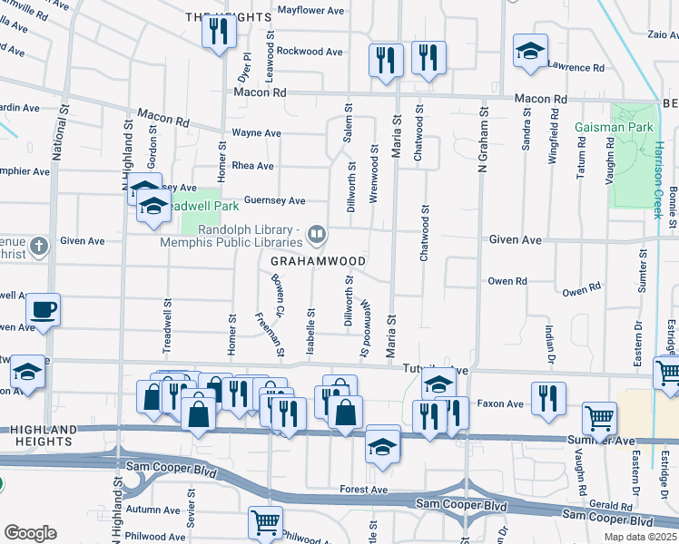 map of restaurants, bars, coffee shops, grocery stores, and more near 3803 Given Avenue in Memphis
