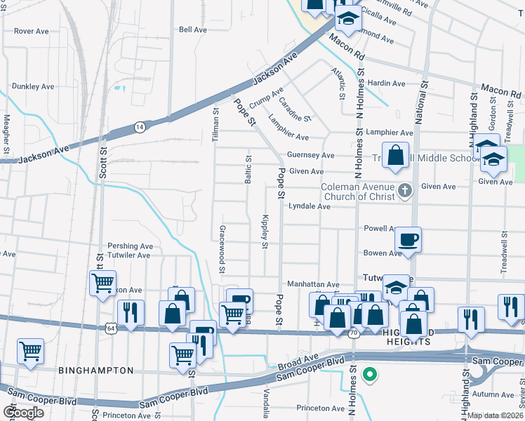 map of restaurants, bars, coffee shops, grocery stores, and more near 854 Kippley Street in Memphis