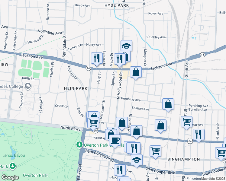 map of restaurants, bars, coffee shops, grocery stores, and more near 727 Spring Street in Memphis