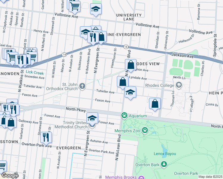 map of restaurants, bars, coffee shops, grocery stores, and more near 1804 Tutwiler Avenue in Memphis