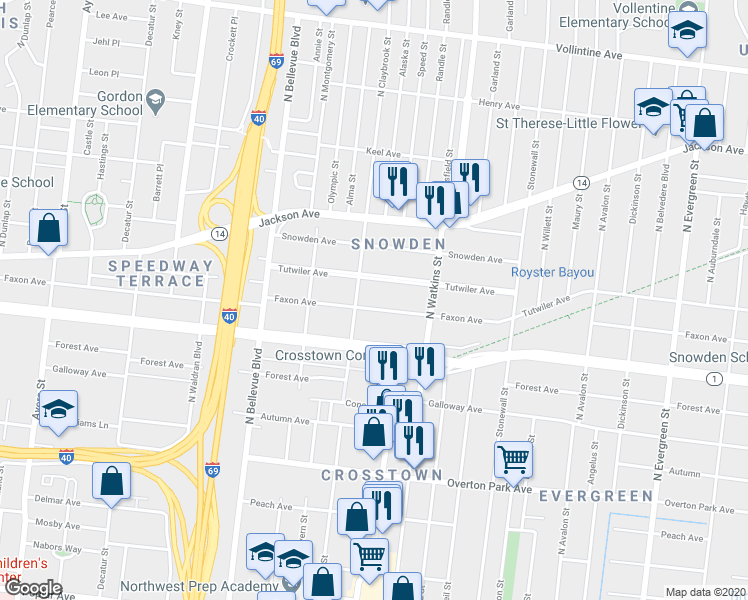 map of restaurants, bars, coffee shops, grocery stores, and more near 1312 Faxon Avenue in Memphis