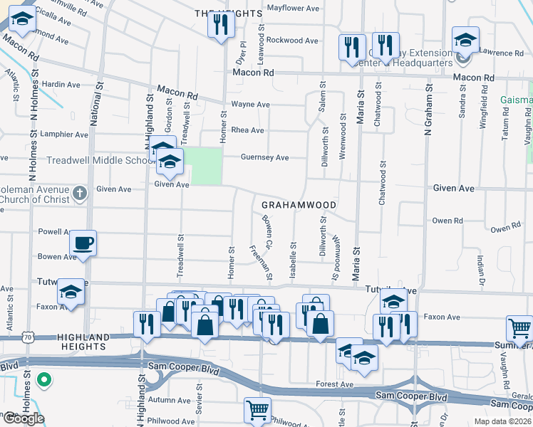 map of restaurants, bars, coffee shops, grocery stores, and more near 870 Bowen Circle in Memphis