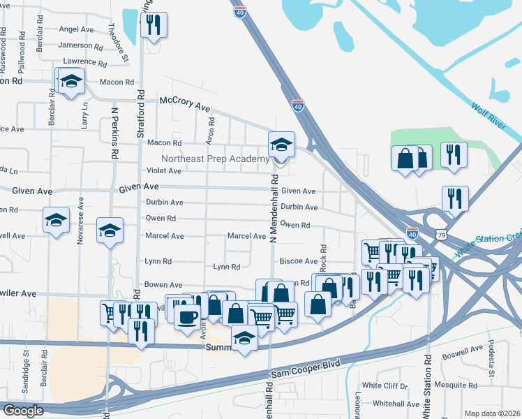 map of restaurants, bars, coffee shops, grocery stores, and more near 4881 Durbin Avenue in Memphis