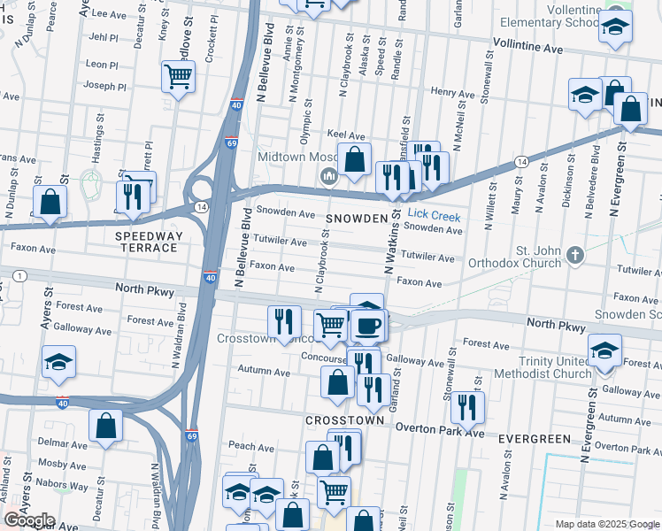map of restaurants, bars, coffee shops, grocery stores, and more near 1312 Faxon Avenue in Memphis