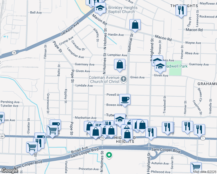 map of restaurants, bars, coffee shops, grocery stores, and more near 3307 Coleman Avenue in Memphis
