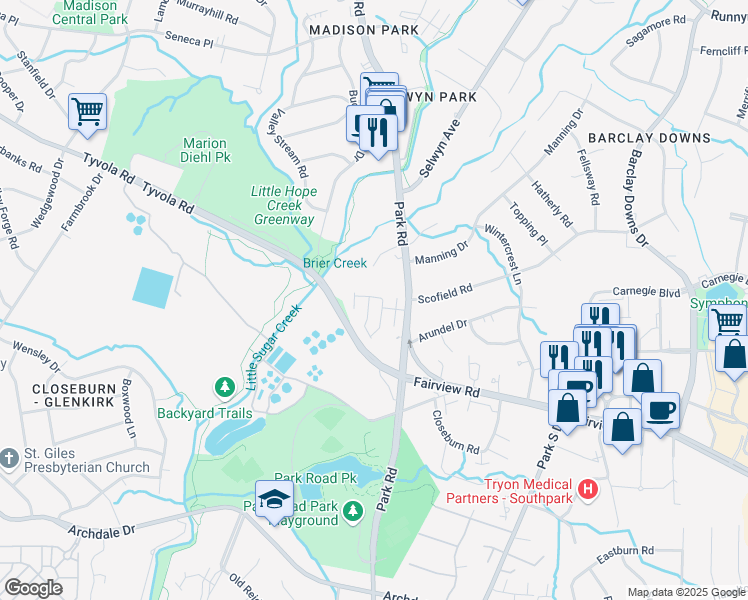 map of restaurants, bars, coffee shops, grocery stores, and more near 2903 Castleberry Court in Charlotte