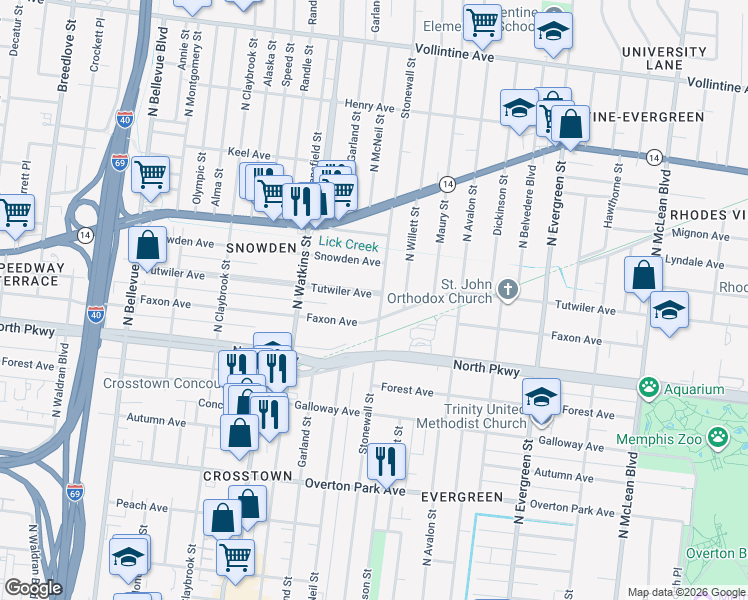map of restaurants, bars, coffee shops, grocery stores, and more near 1489 Tutwiler Avenue in Memphis