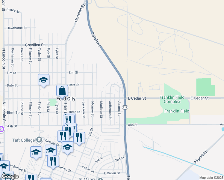 map of restaurants, bars, coffee shops, grocery stores, and more near 340 Jefferson Street in Taft