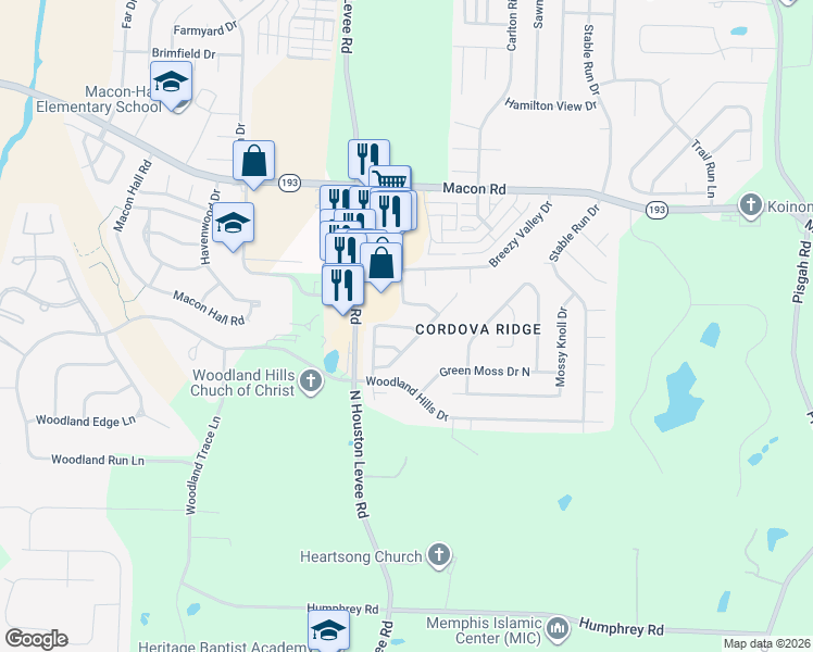 map of restaurants, bars, coffee shops, grocery stores, and more near 10116 Cross Ridge Road in Shelby County