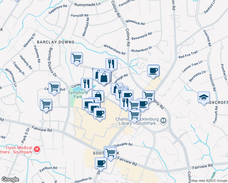 map of restaurants, bars, coffee shops, grocery stores, and more near 1901 Roxborough Road in Charlotte