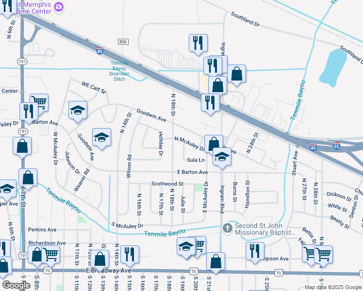 map of restaurants, bars, coffee shops, grocery stores, and more near 732 Sula Lane in West Memphis