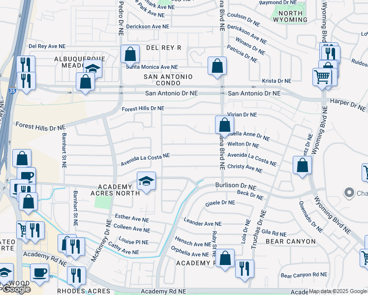 map of restaurants, bars, coffee shops, grocery stores, and more near 6712 Welton Drive Northeast in Albuquerque