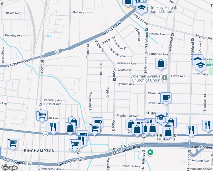 map of restaurants, bars, coffee shops, grocery stores, and more near 854 Kippley Street in Memphis