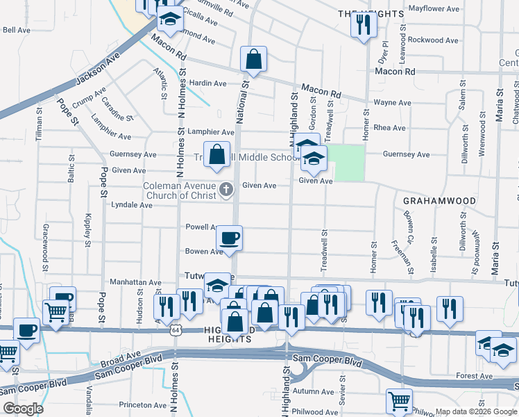 map of restaurants, bars, coffee shops, grocery stores, and more near 3441 Coleman Avenue in Memphis