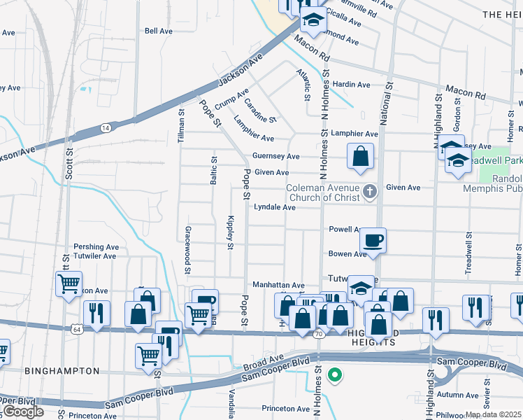 map of restaurants, bars, coffee shops, grocery stores, and more near 3175 Lyndale Avenue in Memphis