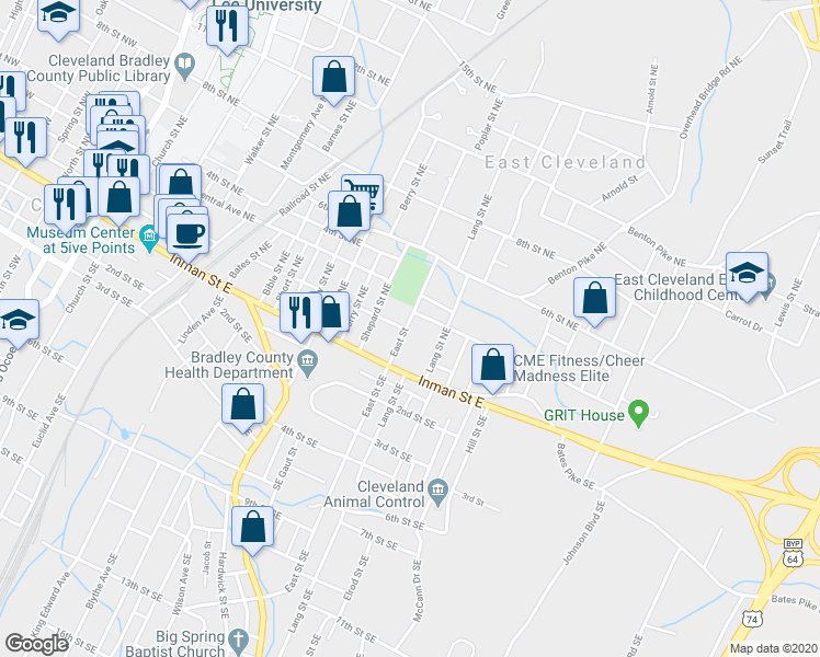 map of restaurants, bars, coffee shops, grocery stores, and more near 212 East Street in Cleveland