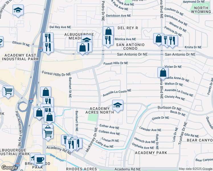 map of restaurants, bars, coffee shops, grocery stores, and more near 6417 Mendius Avenue Northeast in Albuquerque