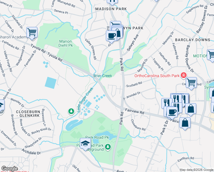 map of restaurants, bars, coffee shops, grocery stores, and more near 2926 Duvalla Avenue in Charlotte