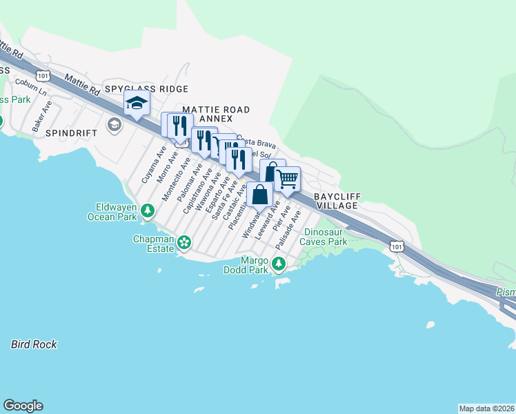map of restaurants, bars, coffee shops, grocery stores, and more near 178 Windward Avenue in Pismo Beach