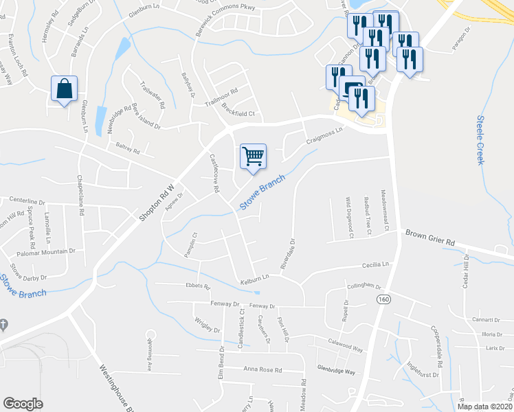 map of restaurants, bars, coffee shops, grocery stores, and more near 5933 Stirlingshire Court in Charlotte