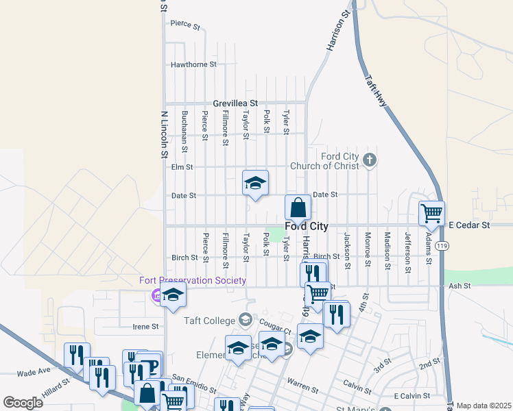 map of restaurants, bars, coffee shops, grocery stores, and more near 318 Taylor Street in Taft