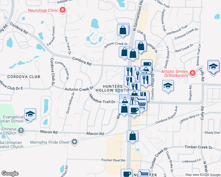 map of restaurants, bars, coffee shops, grocery stores, and more near 1165 Hunter's Lake Drive in Memphis