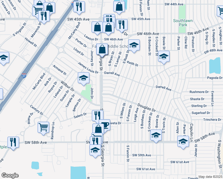 map of restaurants, bars, coffee shops, grocery stores, and more near 2403 Southwest 50th Avenue in Amarillo