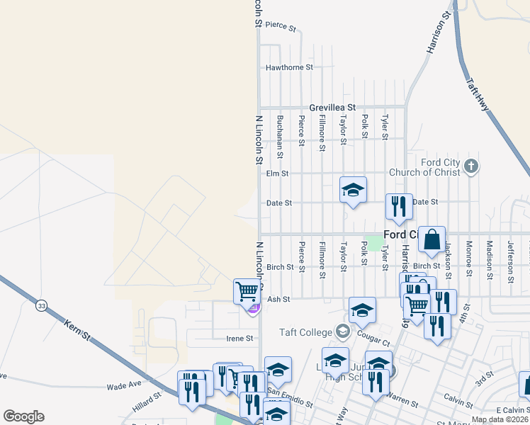 map of restaurants, bars, coffee shops, grocery stores, and more near 310 North Lincoln Street in Taft