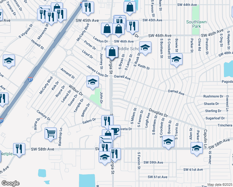 map of restaurants, bars, coffee shops, grocery stores, and more near 2403 Southwest 50th Avenue in Amarillo