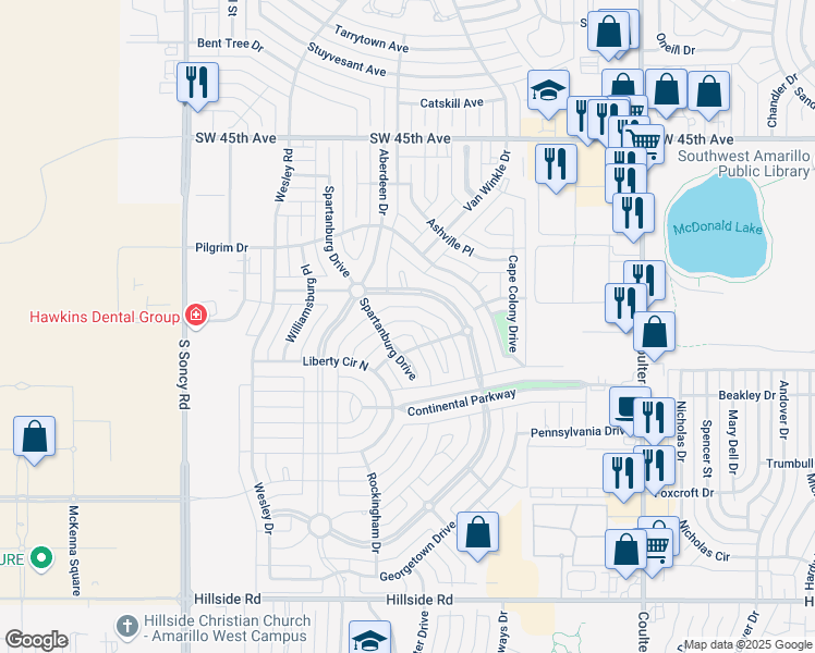 map of restaurants, bars, coffee shops, grocery stores, and more near 7807 London Court in Amarillo