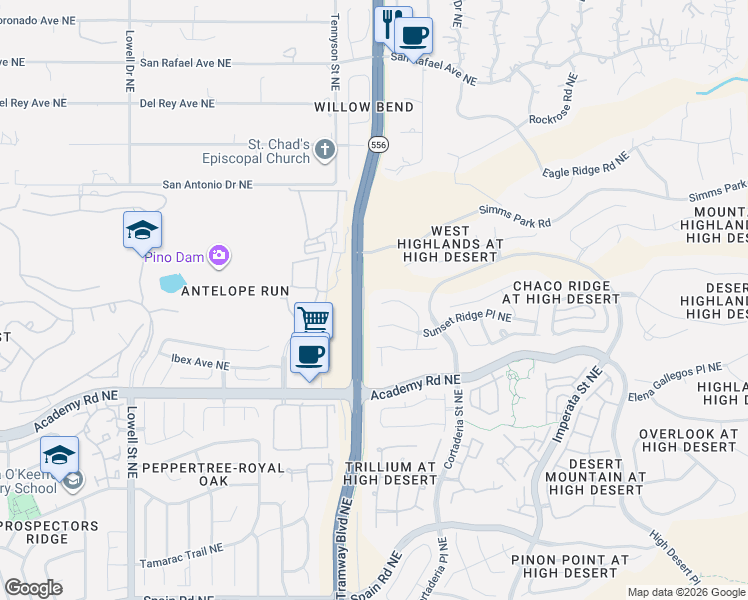 map of restaurants, bars, coffee shops, grocery stores, and more near 6628 High Ridge Place Northeast in Albuquerque