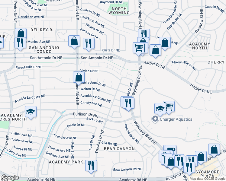 map of restaurants, bars, coffee shops, grocery stores, and more near 7400 Luella Anne Drive Northeast in Albuquerque