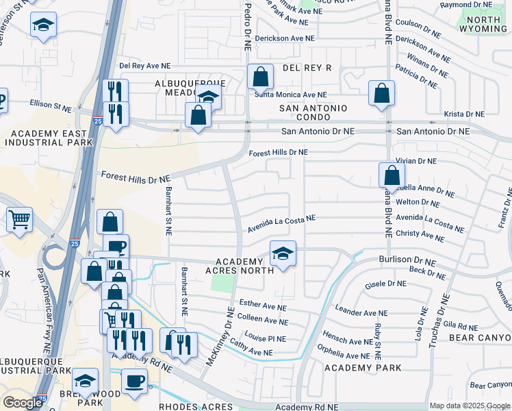 map of restaurants, bars, coffee shops, grocery stores, and more near 6417 Mendius Avenue Northeast in Albuquerque