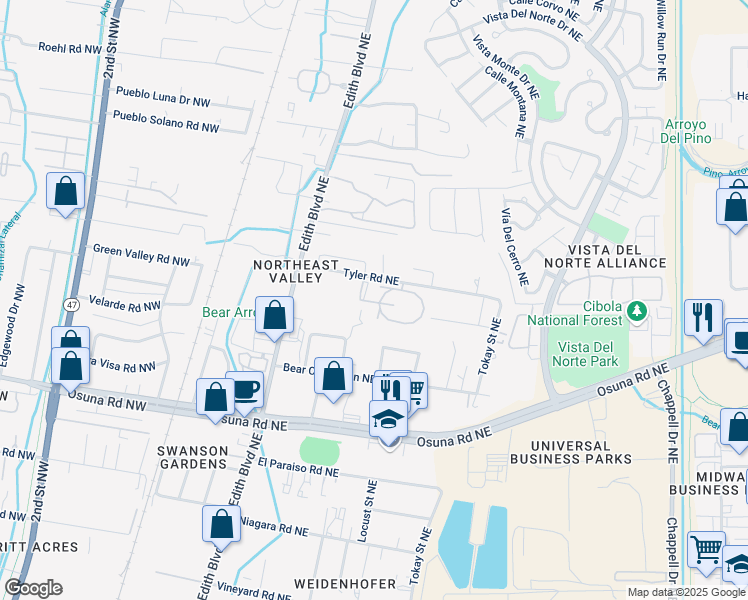 map of restaurants, bars, coffee shops, grocery stores, and more near 6812 Edith Boulevard Northeast in Albuquerque
