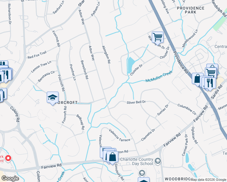 map of restaurants, bars, coffee shops, grocery stores, and more near 4059 Abingdon Road in Charlotte