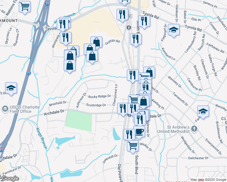 map of restaurants, bars, coffee shops, grocery stores, and more near 6126 Cherrycrest Lane in Charlotte
