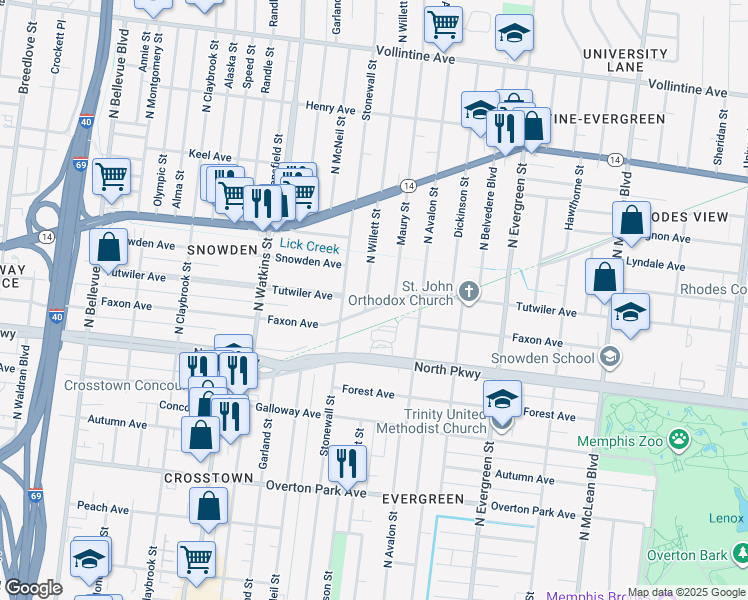 map of restaurants, bars, coffee shops, grocery stores, and more near 1536 Tutwiler Avenue in Memphis