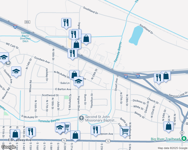 map of restaurants, bars, coffee shops, grocery stores, and more near 2155-2313 Wheeler Avenue in West Memphis