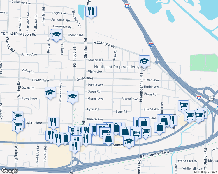 map of restaurants, bars, coffee shops, grocery stores, and more near 4751 Durbin Avenue in Memphis