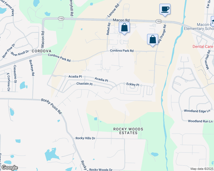 map of restaurants, bars, coffee shops, grocery stores, and more near 9328 Chastain Place in Shelby County