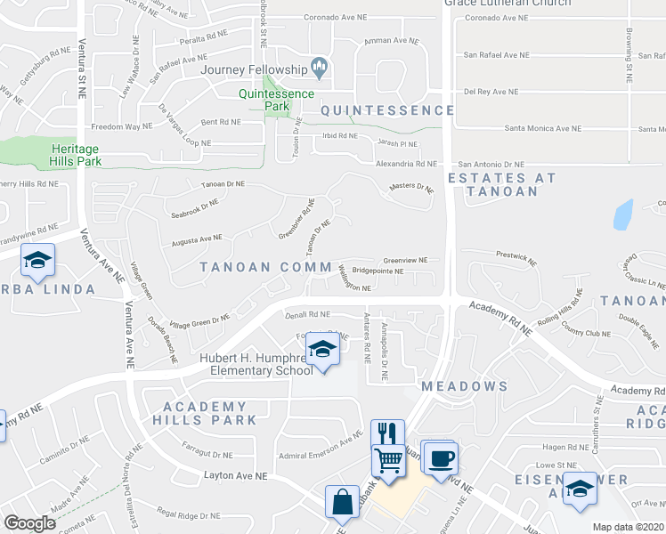 map of restaurants, bars, coffee shops, grocery stores, and more near 9916 Barrinson Northeast in Albuquerque