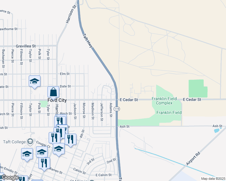 map of restaurants, bars, coffee shops, grocery stores, and more near 388 Adams Street in Taft