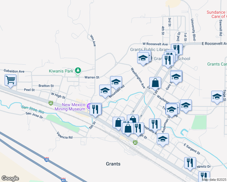 map of restaurants, bars, coffee shops, grocery stores, and more near 301 Mountain Road in Grants