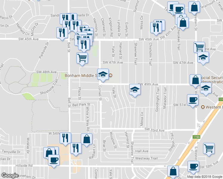 map of restaurants, bars, coffee shops, grocery stores, and more near 4904 Yale Street in Amarillo