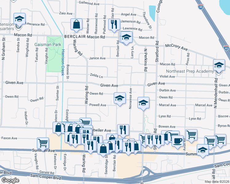map of restaurants, bars, coffee shops, grocery stores, and more near 4472 Owen Road in Memphis