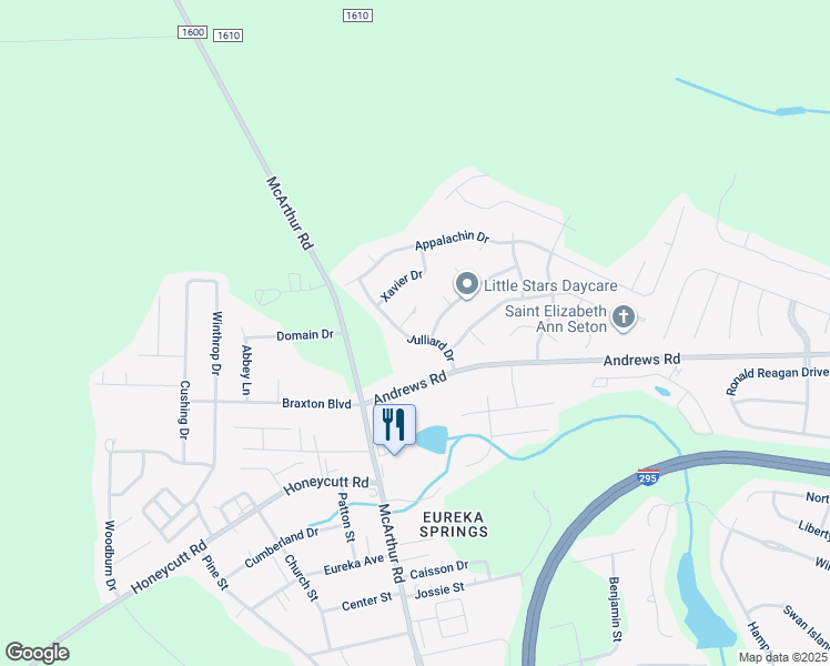 map of restaurants, bars, coffee shops, grocery stores, and more near 6622 Julliard Drive in Fayetteville