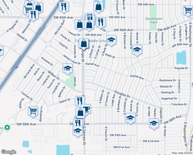 map of restaurants, bars, coffee shops, grocery stores, and more near 4817 South Rusk Street in Amarillo