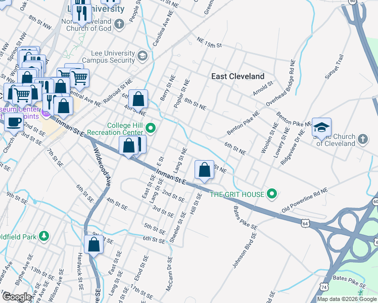 map of restaurants, bars, coffee shops, grocery stores, and more near 255 Lang Street Southeast in Cleveland