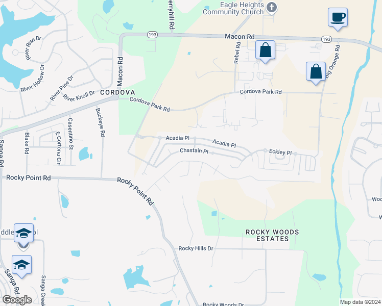 map of restaurants, bars, coffee shops, grocery stores, and more near 9223 Chastain Place in Shelby County