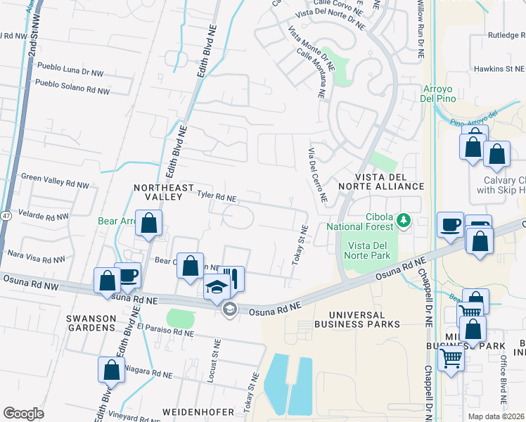 map of restaurants, bars, coffee shops, grocery stores, and more near 708 Tyler Road Northeast in Albuquerque